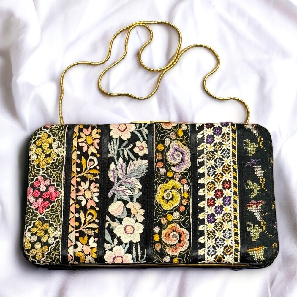 Vintage Judith Leiber Black with Floral Embroidery Clutch Bag
